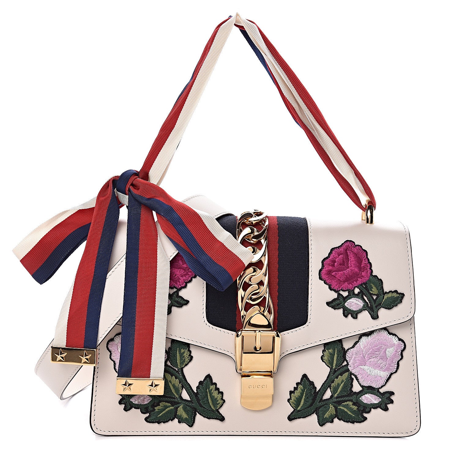 Gucci Calfskin Embroidered Small Sylvie Shoulder Bag White 1 of 10