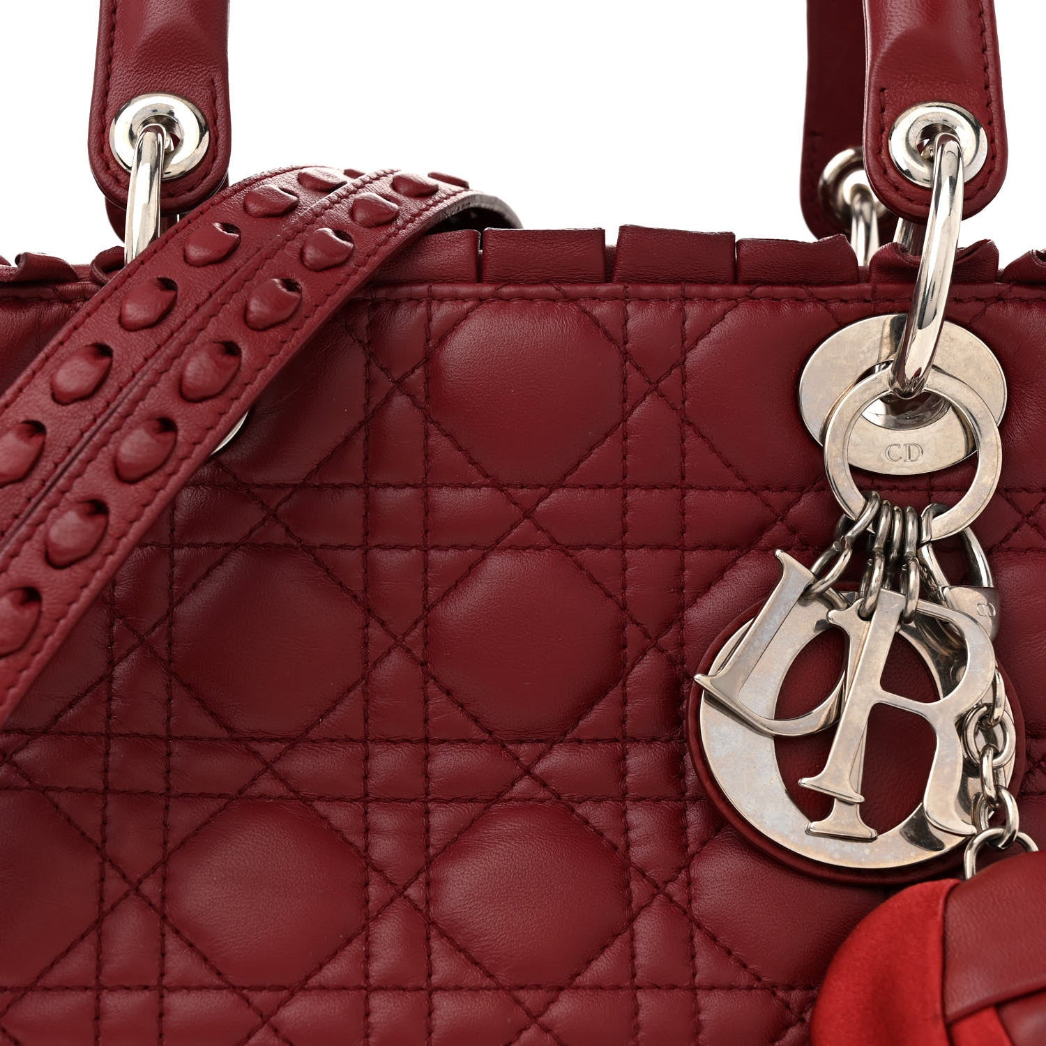 Christian Dior Lambskin Cannage Ruffle Trim Medium Lady Dior Burgundy 9 of 14