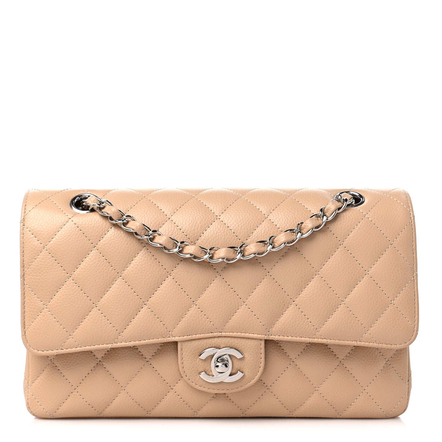 Caviar Quilted Medium Double Flap Beige