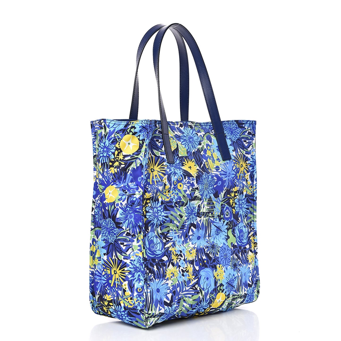 Tessuto Nylon Saffiano Floral Print Tote Bluette Dis Primule