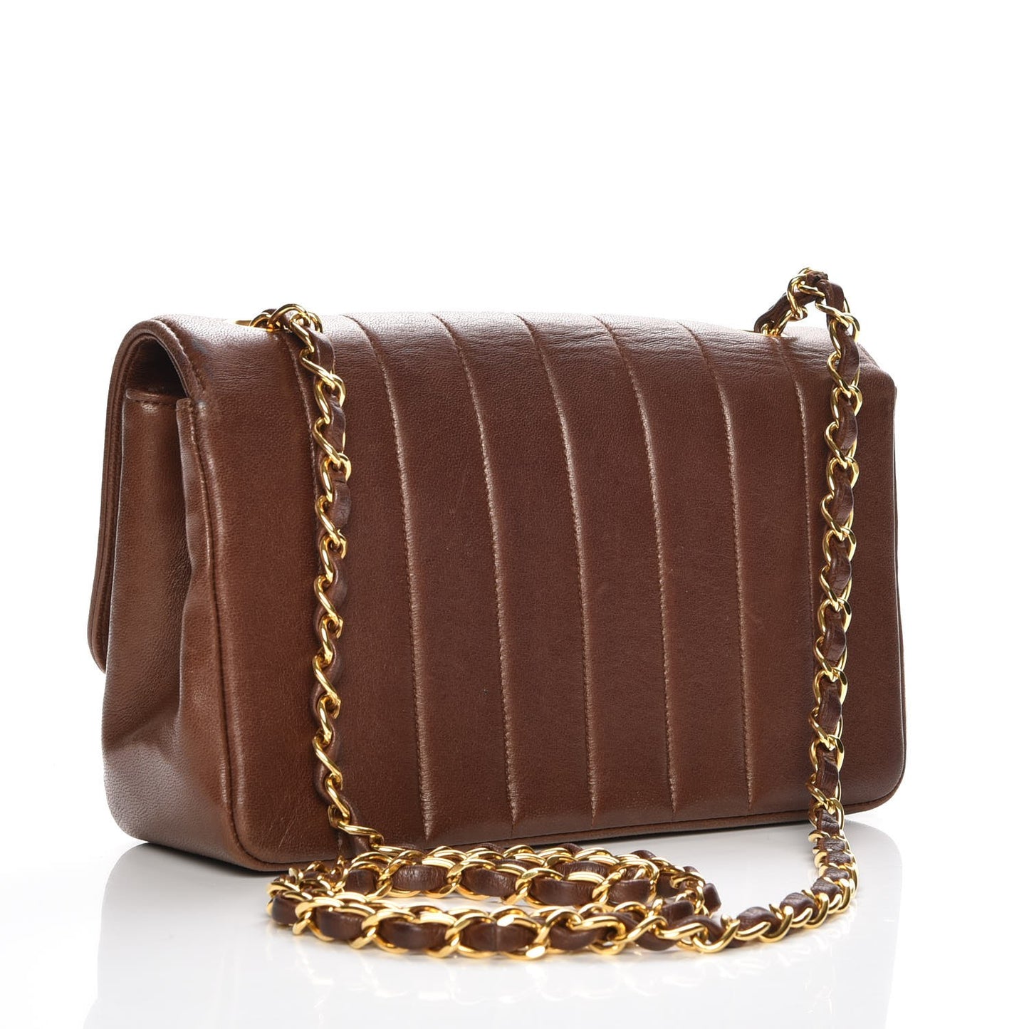 Lambskin Vertical Quilted Small Single Flap Brown