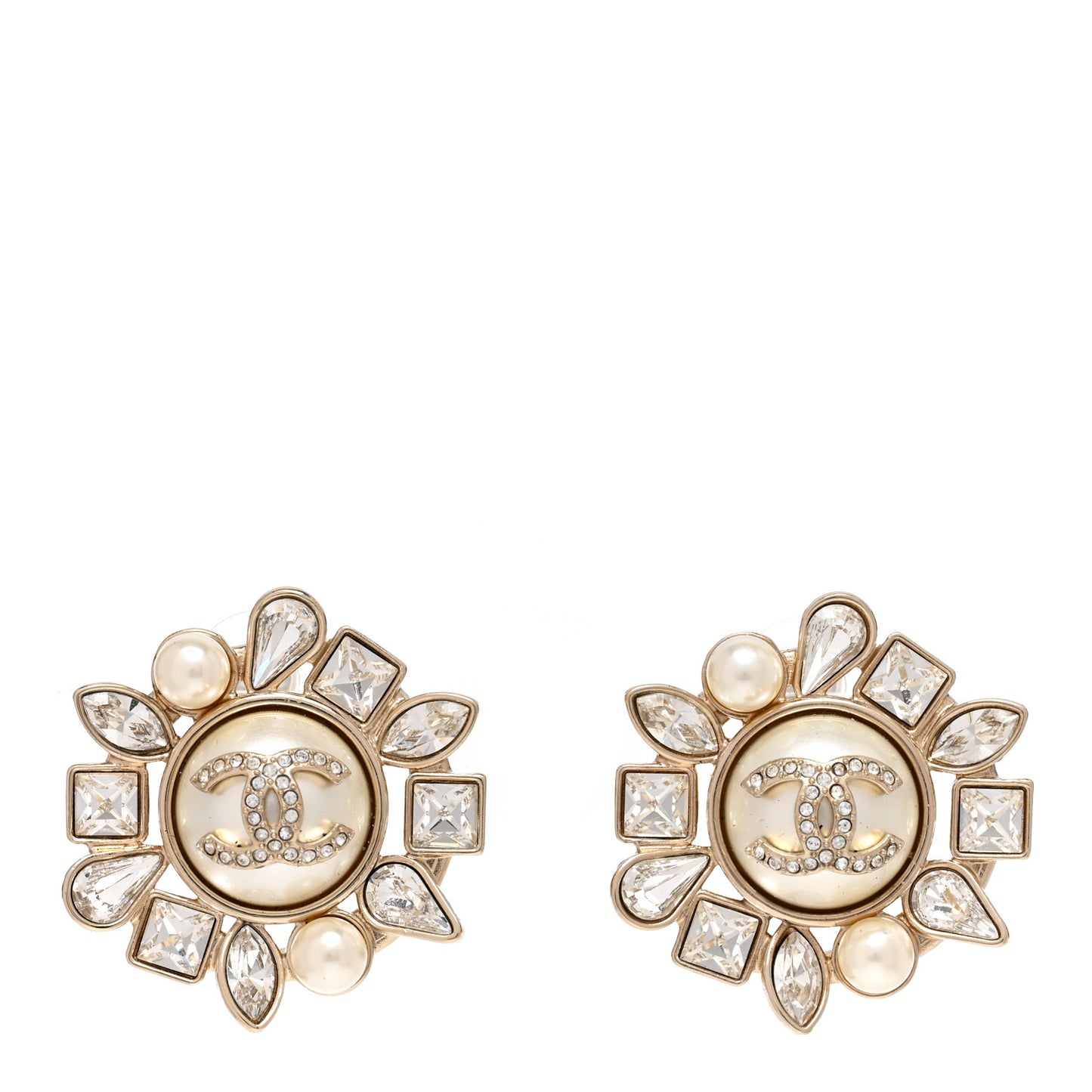 Pearl Crystal CC Round Earrings Gold