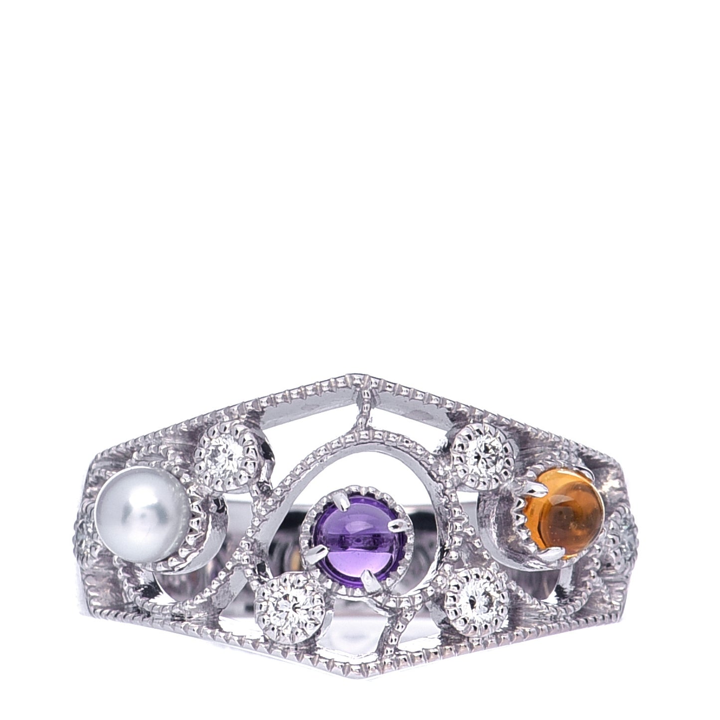 18K White Gold Akoya Pearl Diamond Amethyst Citrine Ring 50 5.5