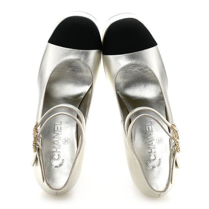 Chanel Laminated Lambskin Grosgrain Cap Toe CC Mary Jane Pumps 37 Silver Black 2 of 9