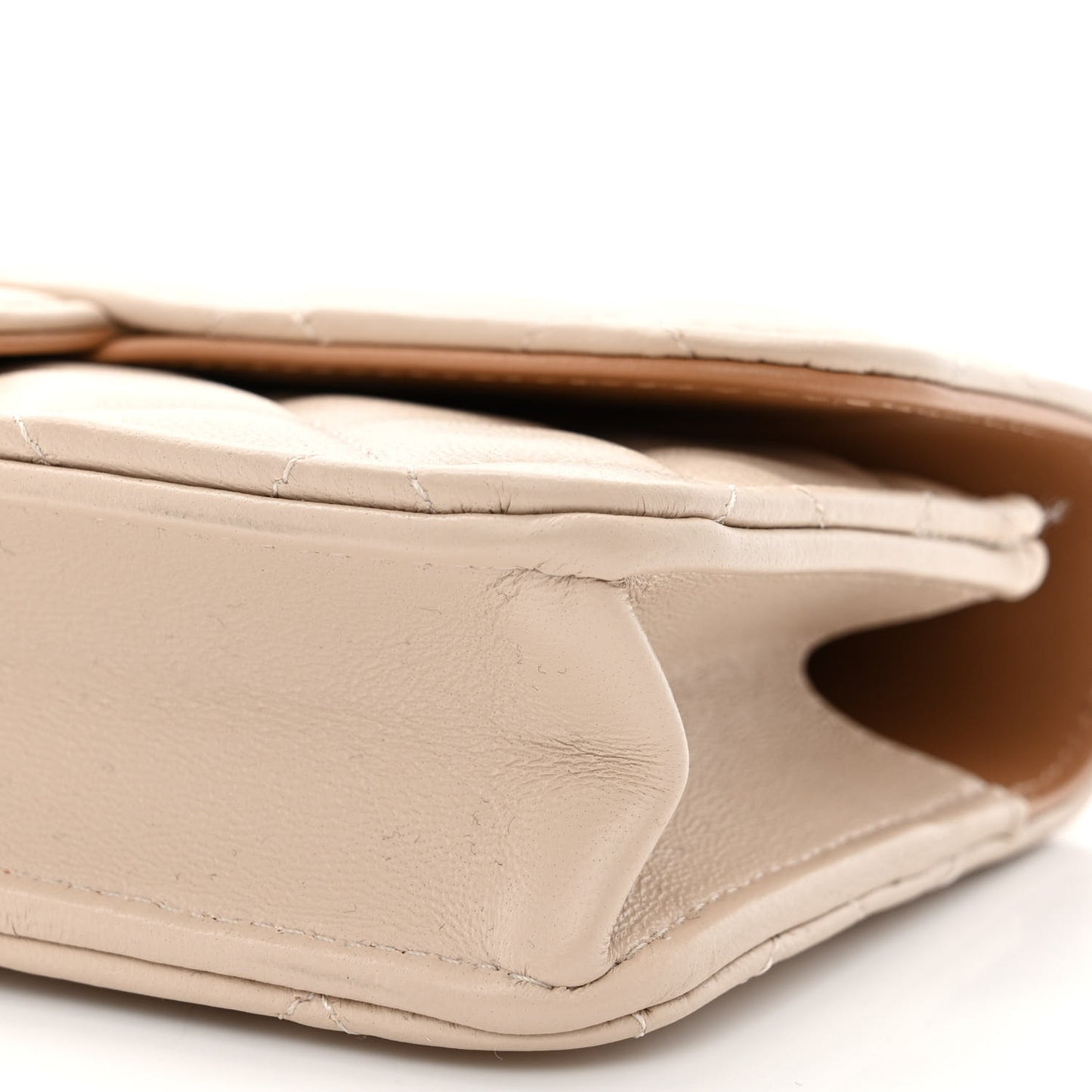 Lambskin Quilted Flap Phone Holder With Chain Beige Brown