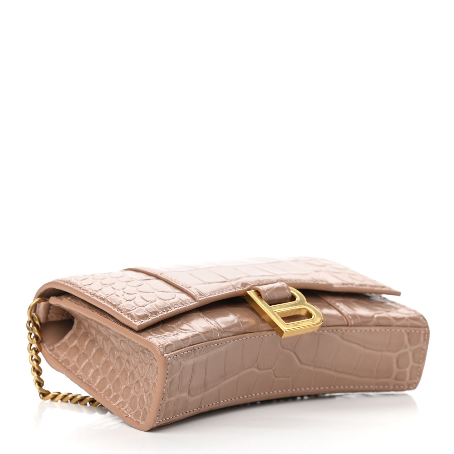 Shiny Calfskin Crocodile Embossed Hourglass Chain Bag Nude Beige
