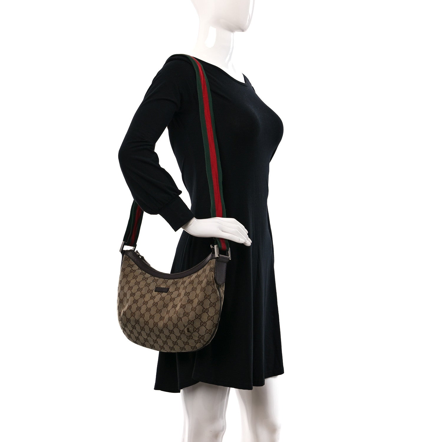 Gucci Monogram Web Medium Half Moon Hobo Dark Brown 3 of 16