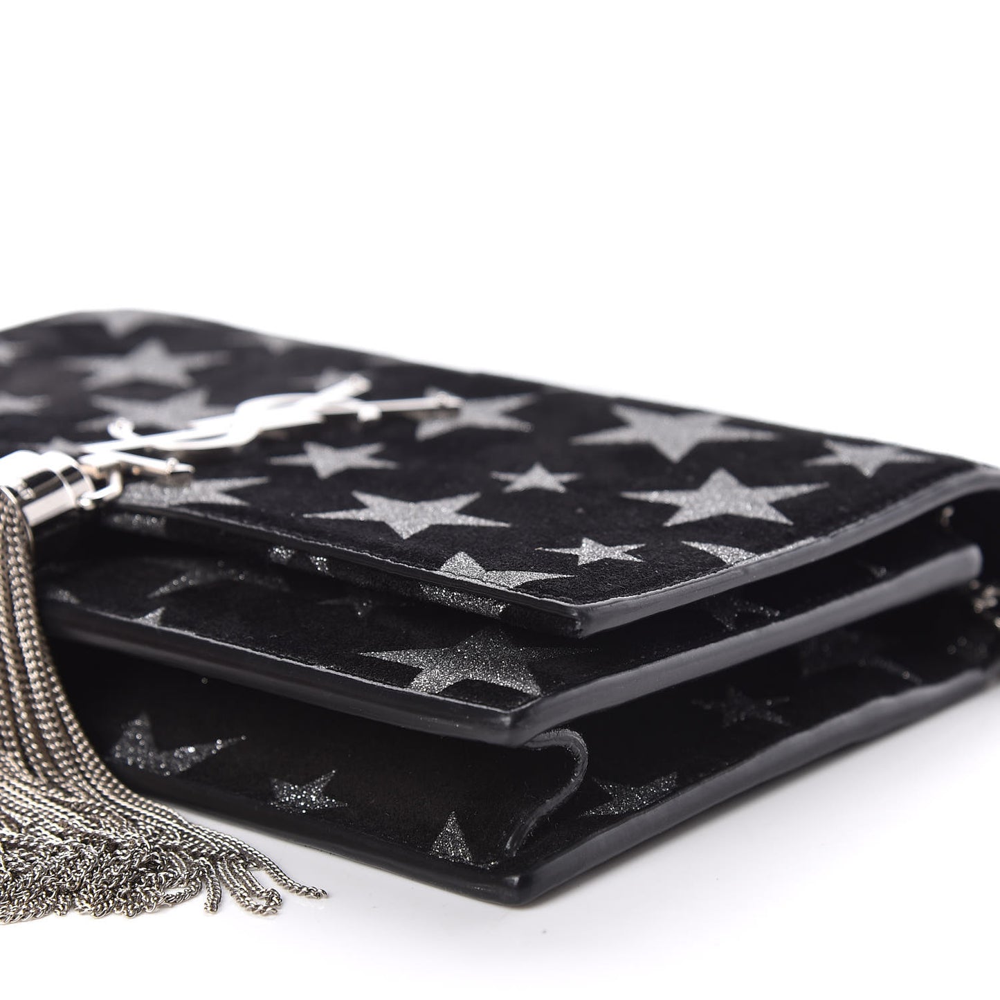 Suede Star Print Monogram Tassel Chain Wallet Black Silver