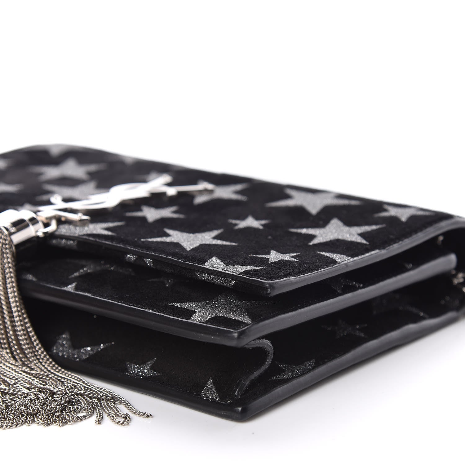 Saint Laurent Suede Star Print Monogram Tassel Chain Wallet Black Silver 6 of 10