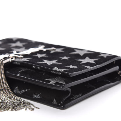 Saint Laurent Suede Star Print Monogram Tassel Chain Wallet Black Silver 6 of 10
