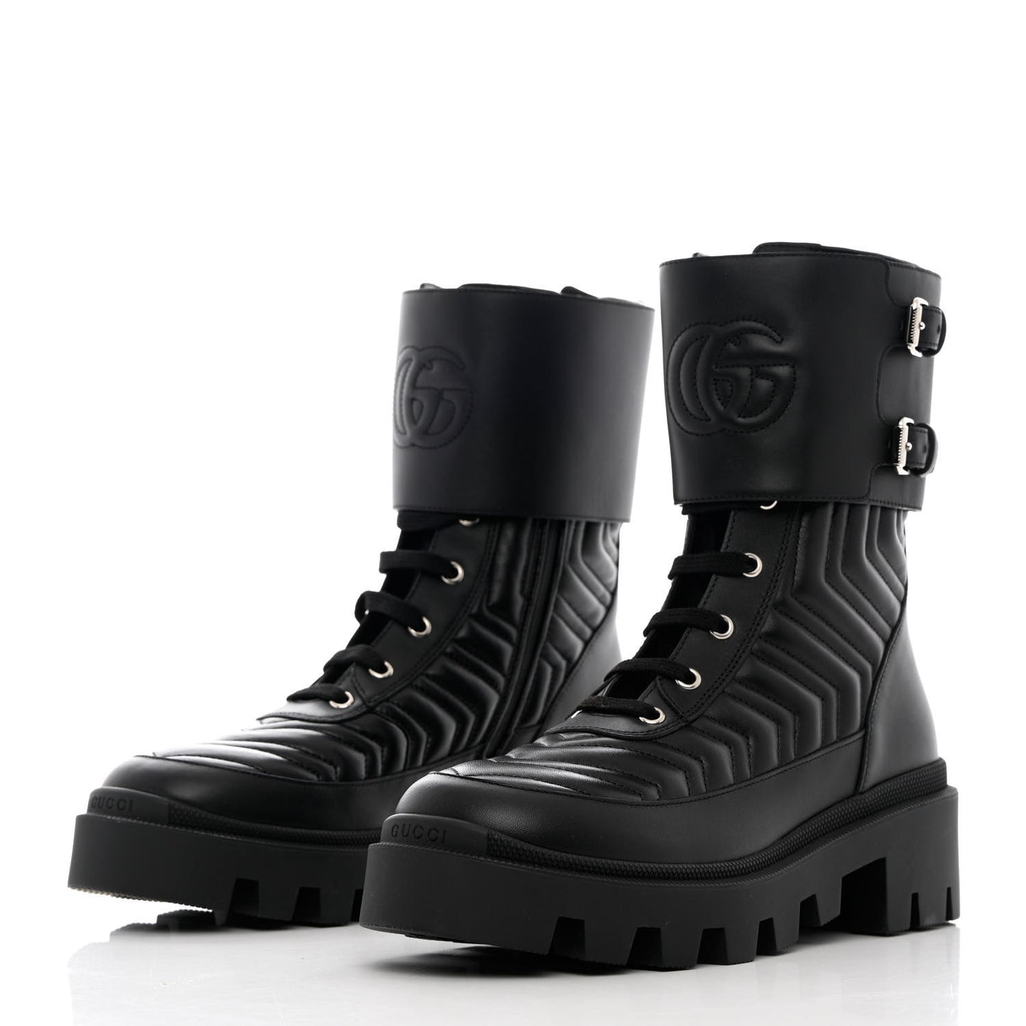 Nappa Frances GG Matelasse Platform Combat Boots 39 Black