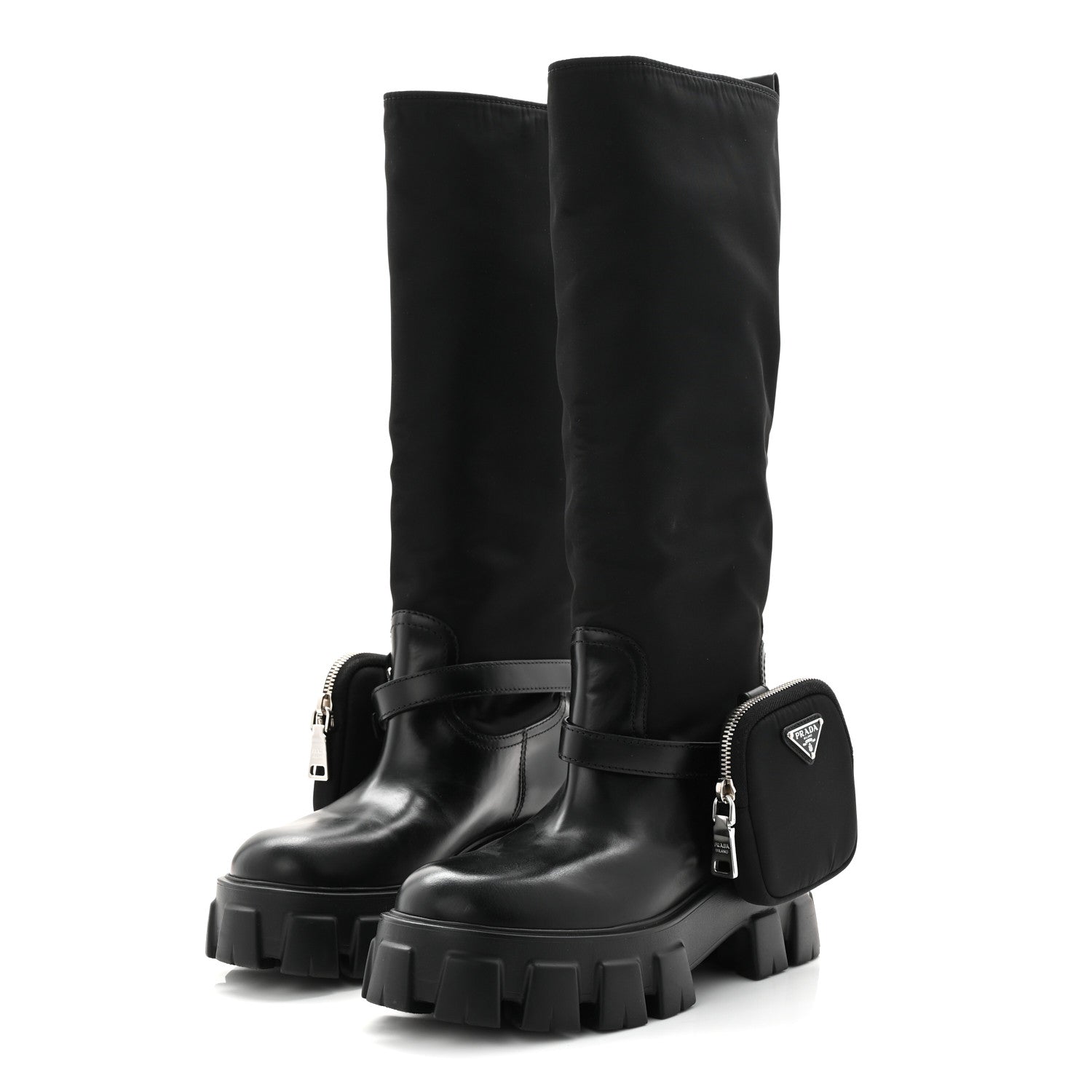 Prada Spazzolato Rois Re-Nylon Metal Triangle Logo Monolith Pouch Pocket 55mm Tall Boots 39 Black 3 of 8