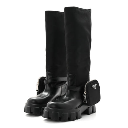 Prada Spazzolato Rois Re-Nylon Metal Triangle Logo Monolith Pouch Pocket 55mm Tall Boots 39 Black 3 of 8