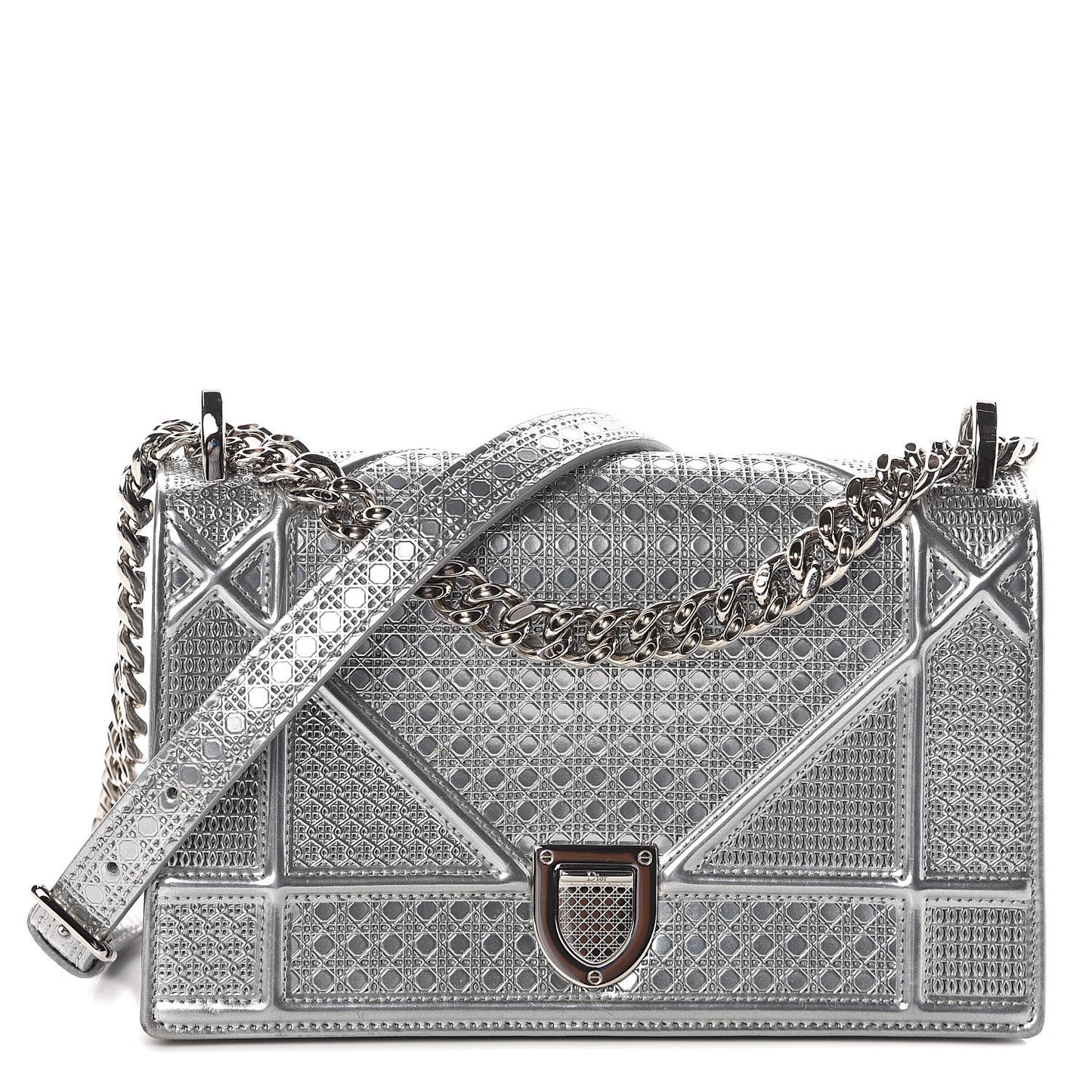 Metallic Patent Micro-Cannage Small Diorama Flap Bag Silver