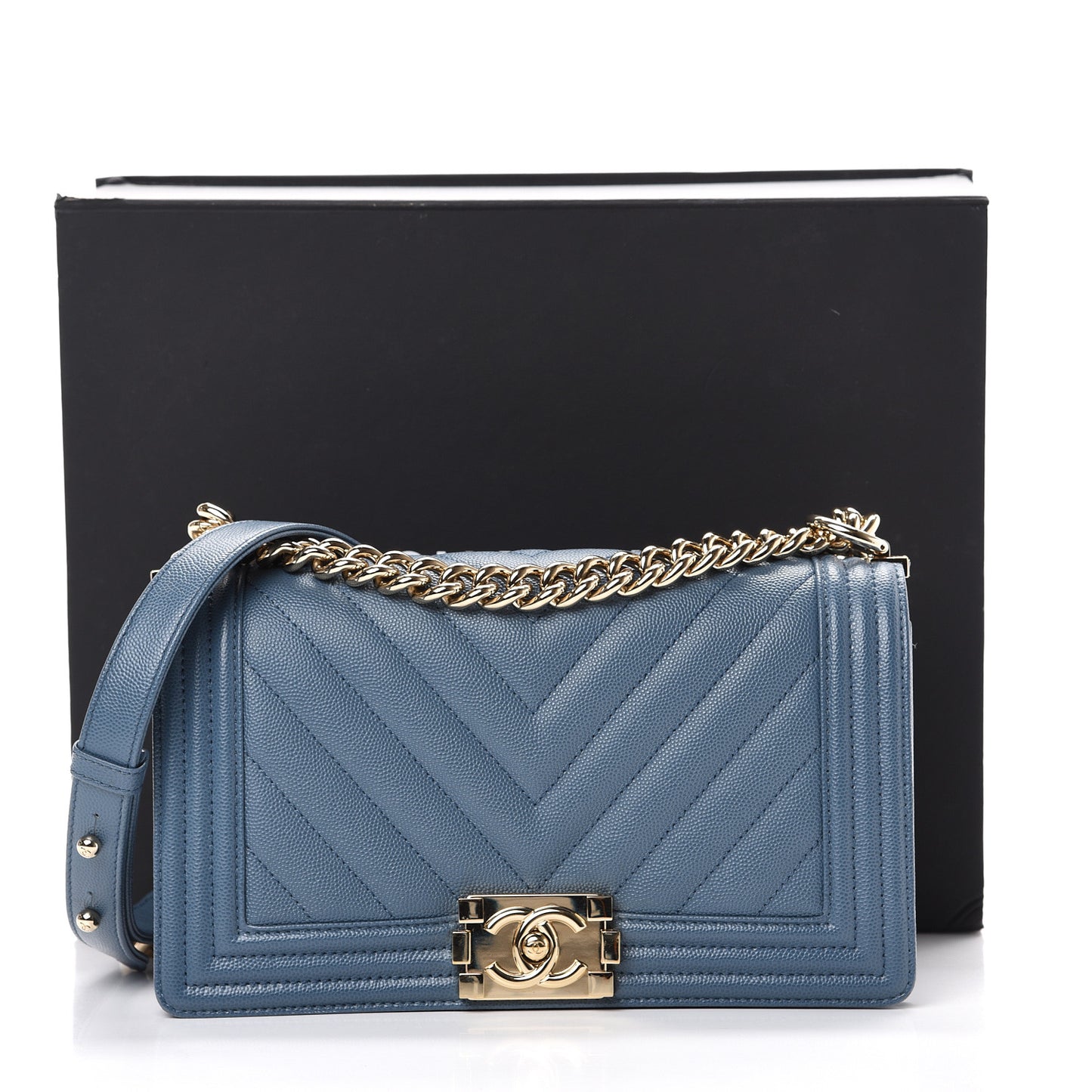 Caviar Chevron Quilted Medium Boy Flap Blue