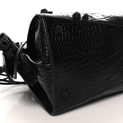 Balenciaga Semi Shiny Calfskin Crocodile Embossed Neo Cagole Black Hardware City Handbag Black 10 of 11