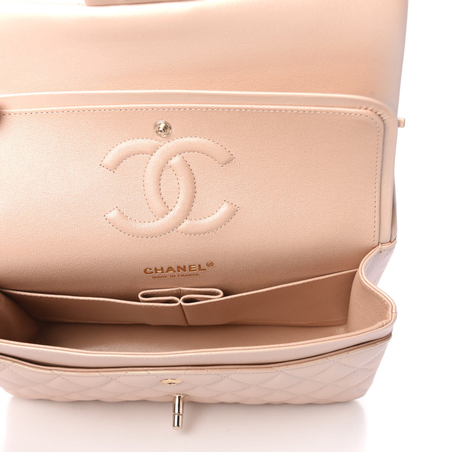 Iridescent Calfskin Quilted Medium Double Flap Beige