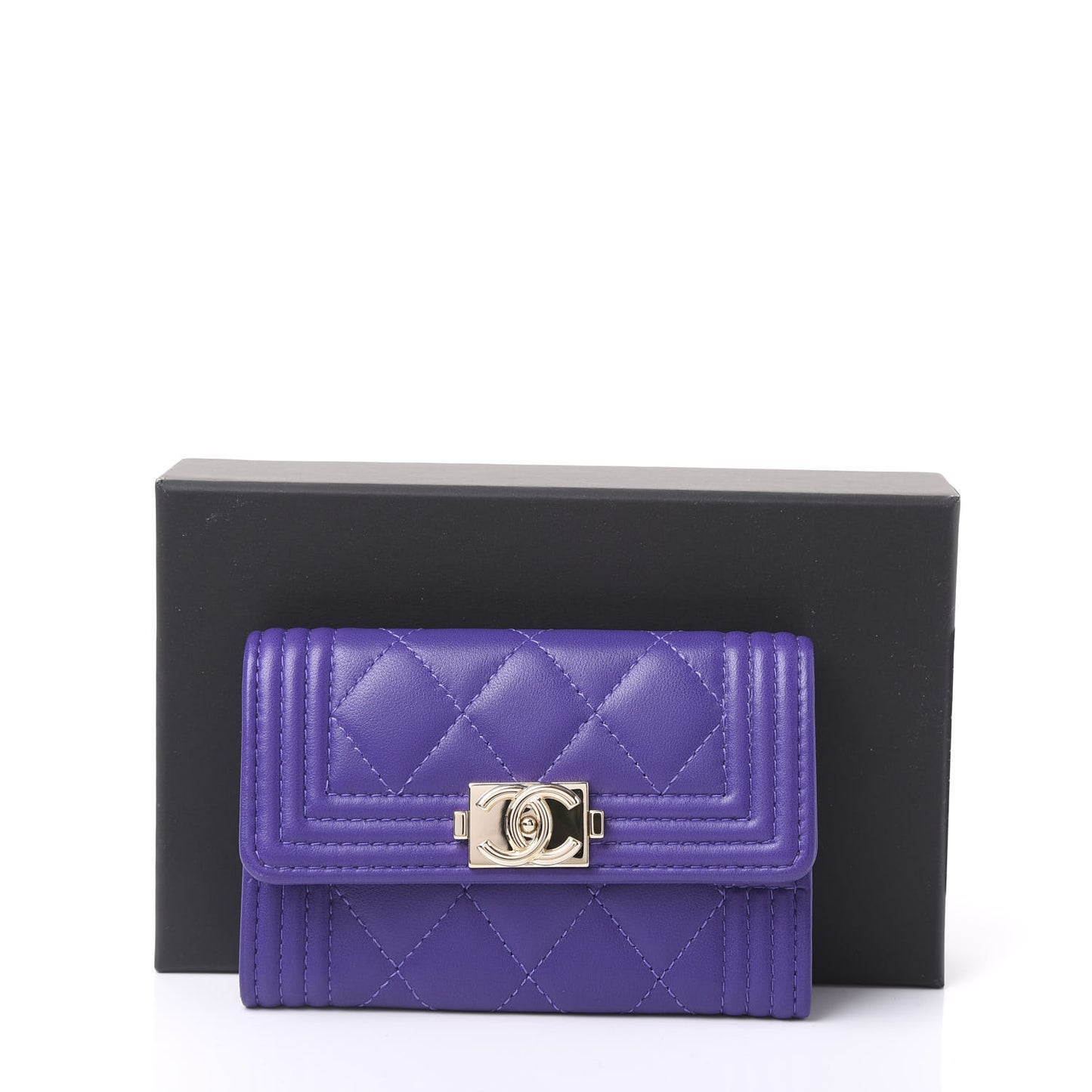 Lambskin Quilted Boy Card Holder Wallet Purple