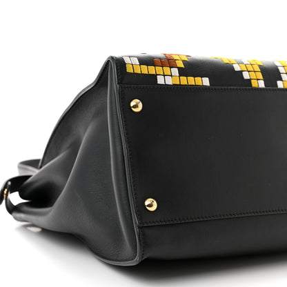 Fendi Calfskin Pixel Embroidered Large Peekaboo Iconic Satchel Black 10 of 12
