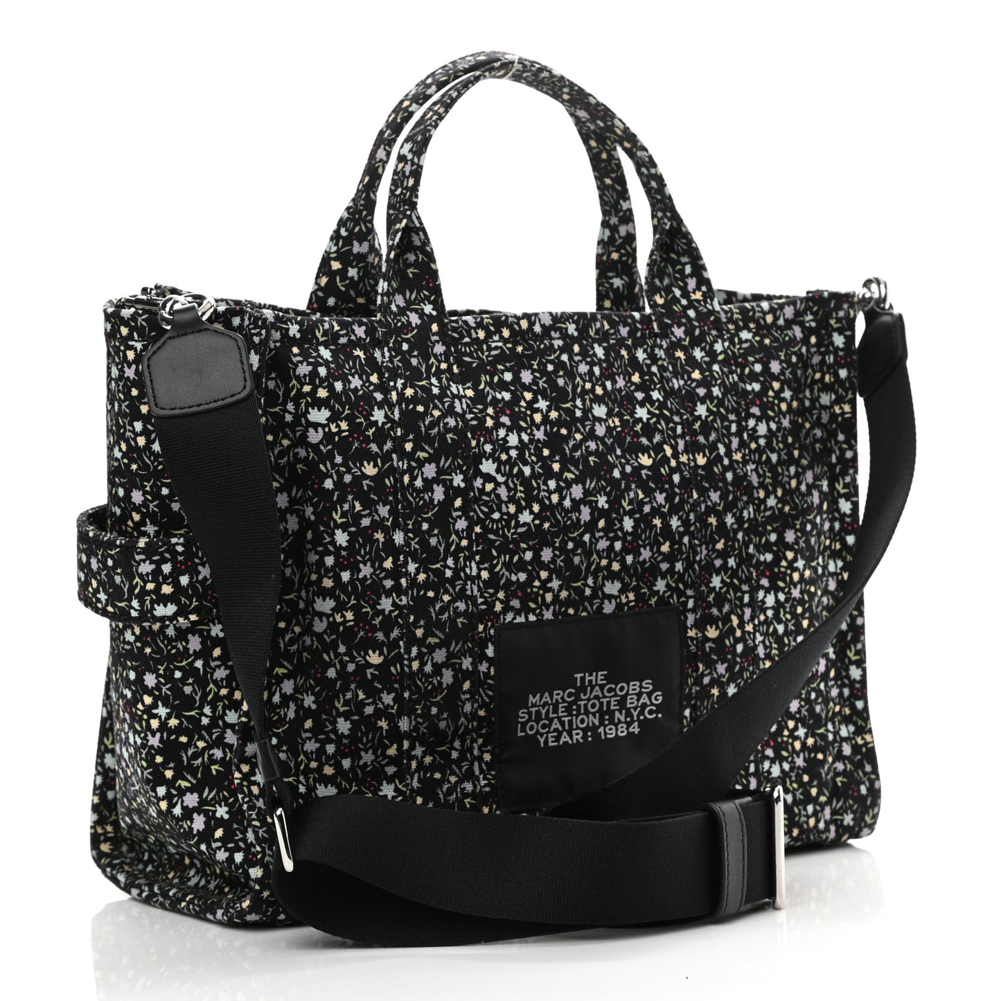 Cotton Canvas Floral Print Medium The Traveler Tote Bag Black