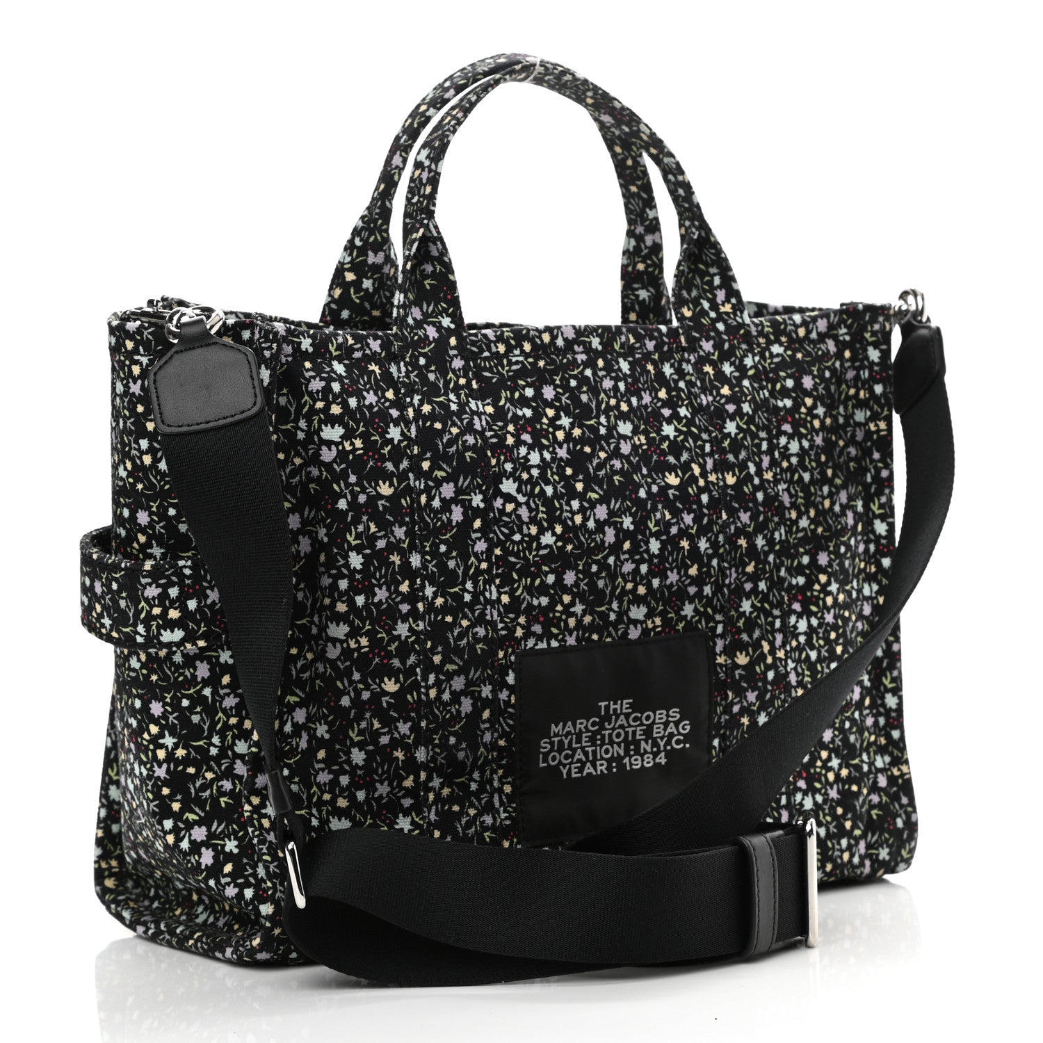 Marc Jacobs Cotton Canvas Floral Print Medium The Traveler Tote Bag Black 3 of 9