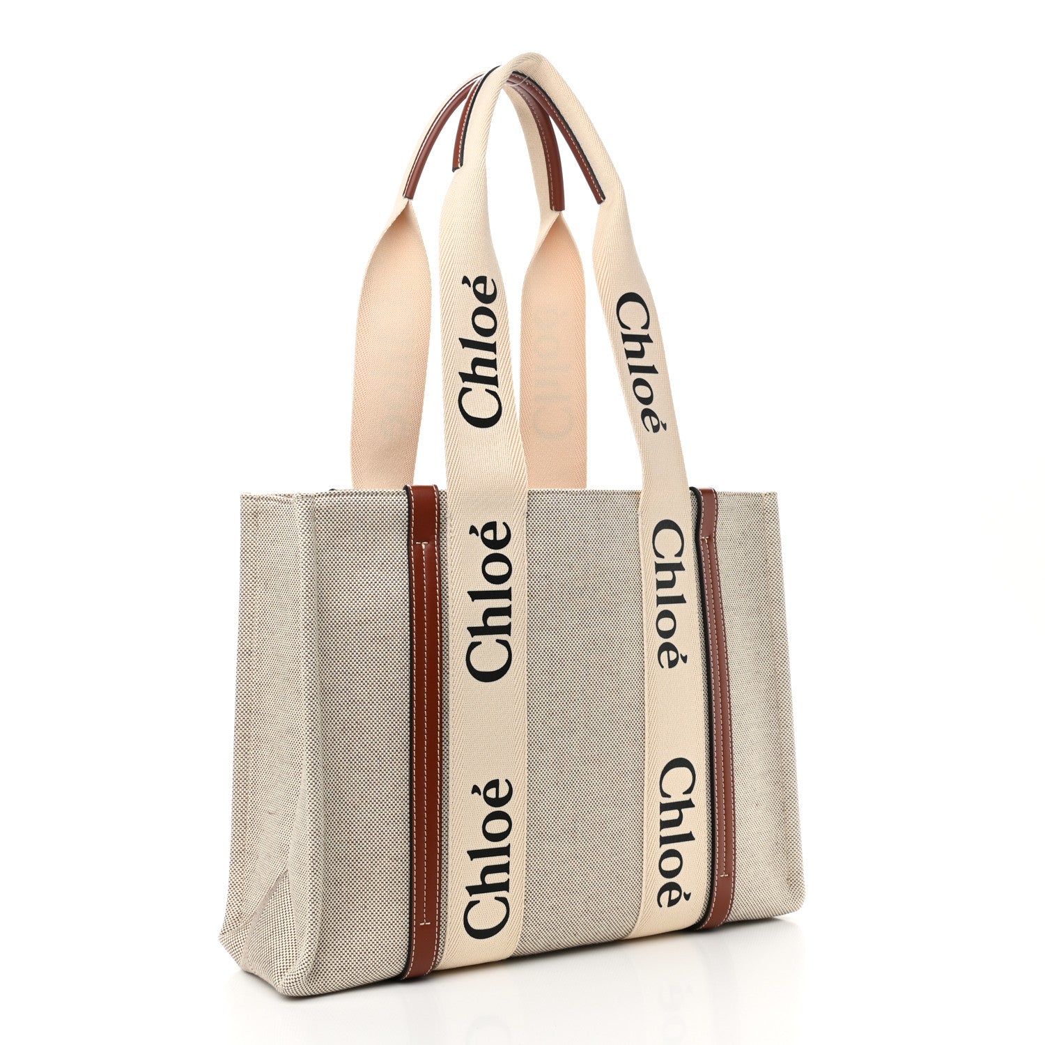 Chloe Cotton Calfskin Medium Woody Ribbon Tote White Brown 3 of 11