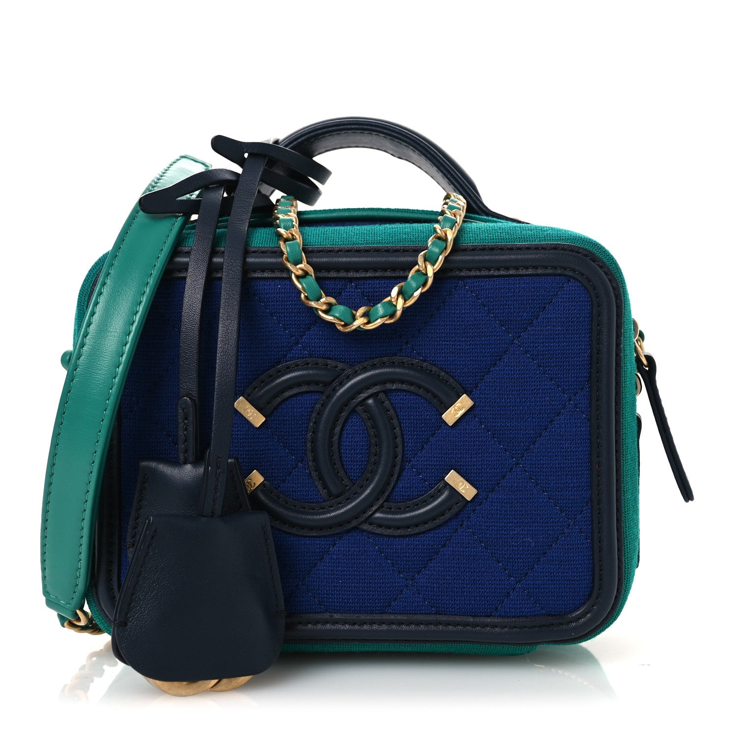 Chanel Jersey Quilted Small CC Filigree Vanity Case Blue Green 1 of 10