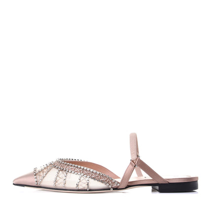Fendi Satin Technical Mesh Colibri Crystal Embellished Mule 38.5 Nude 1 of 10