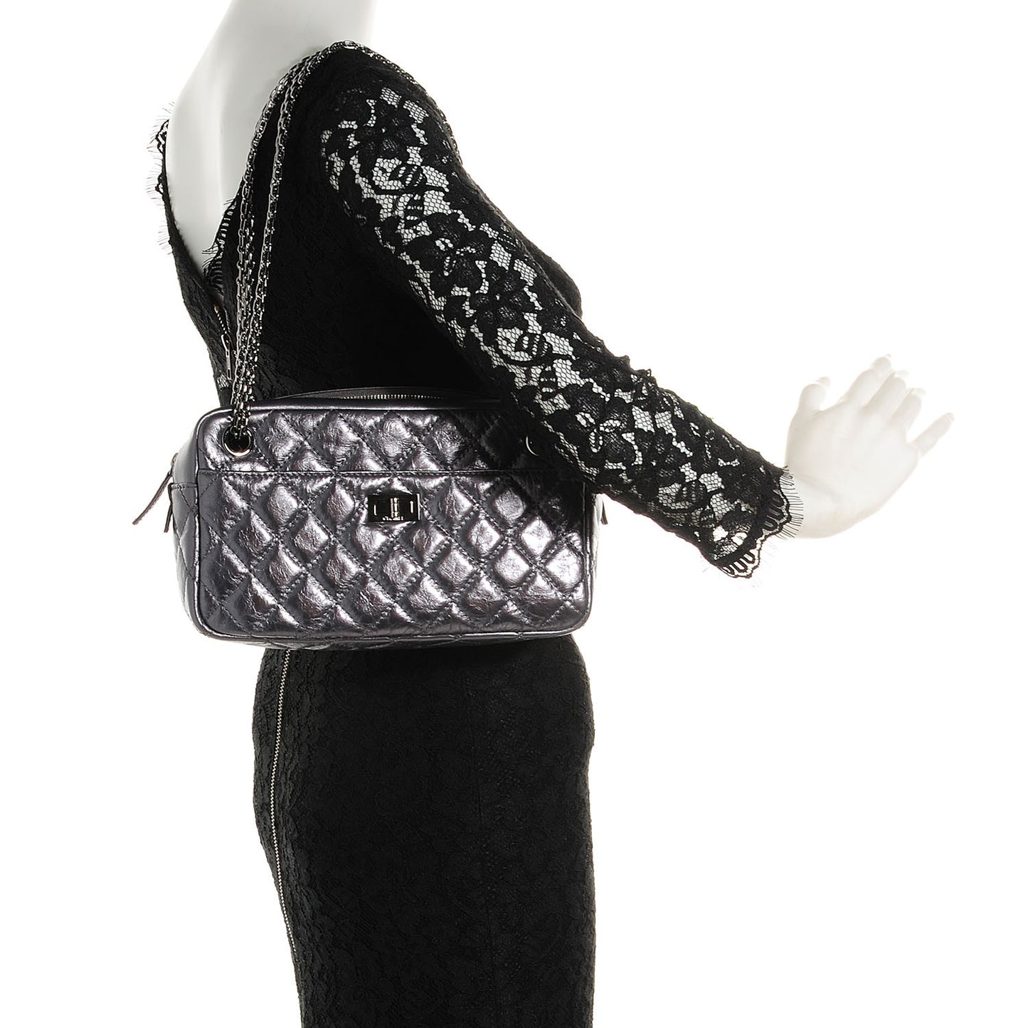 Metallic Aged Calfskin Quilted Small Reissue Camera Case Dark Silver