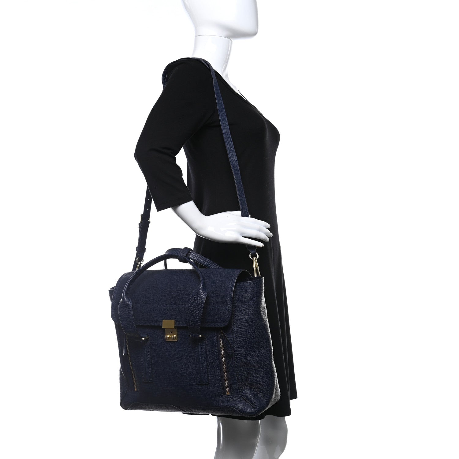 3.1 Phillip Lim Textured Calfskin Large Pashli Satchel Navy 2 of 9