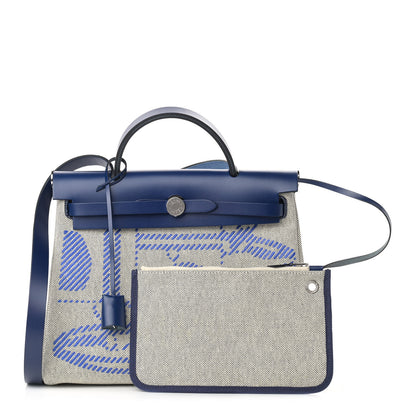 Hermes Vache Hunter Toile H Brides de Gala Herbag Zip Retourne 31 PM Bleu De France Ecru Black 1 of 11