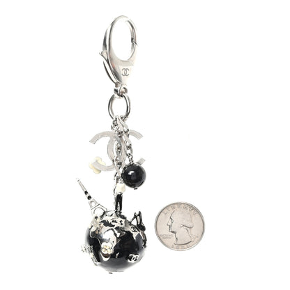Chanel Metal Camellia CC Globe Key Chain Black Silver 2 of 4