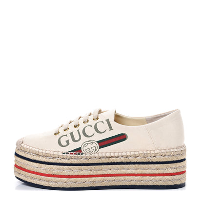 Gucci Canvas Logo Lace-Up Platform Espadrilles 39 Greggio Grege 1 of 8