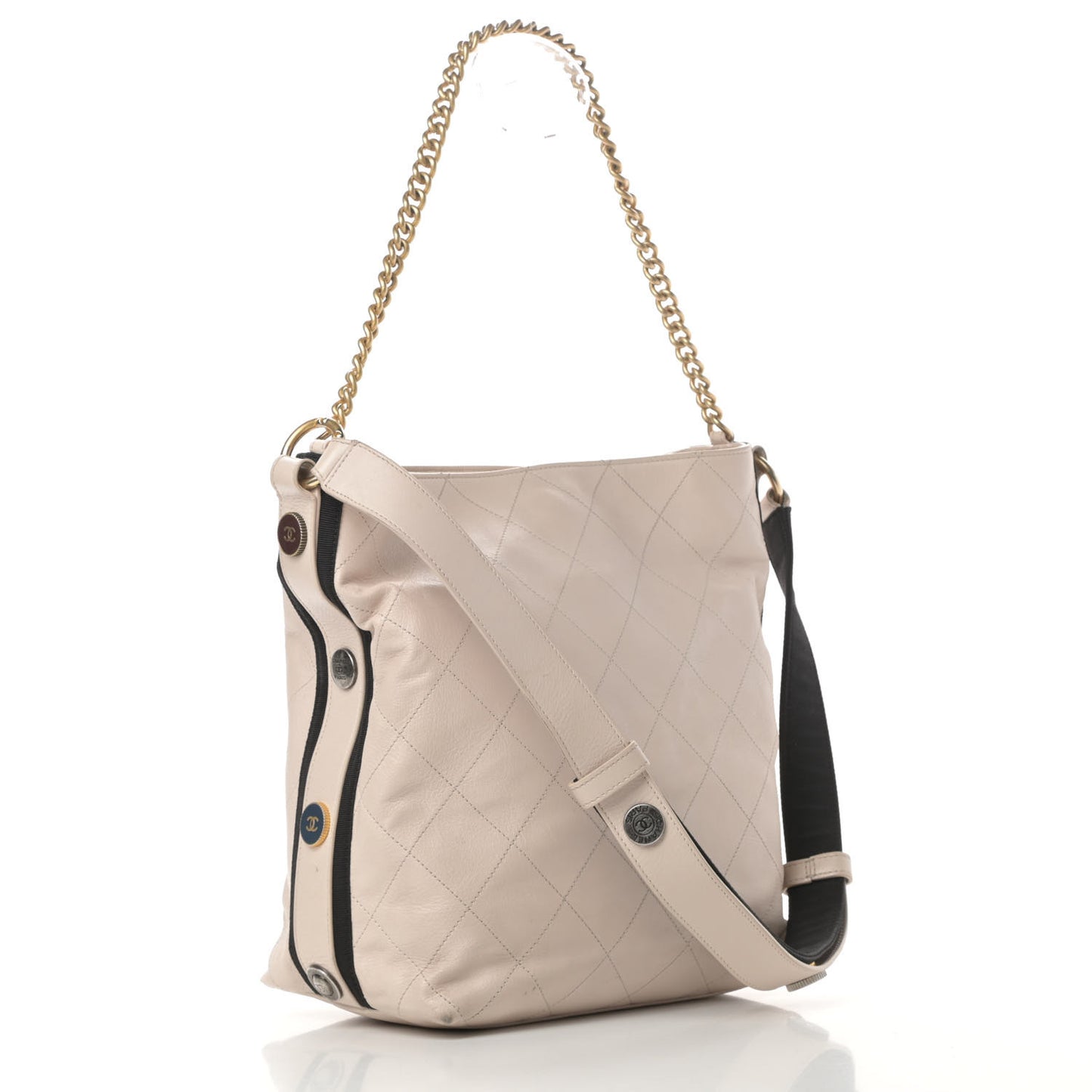 Calfskin Stitched Large Button Up Hobo Beige