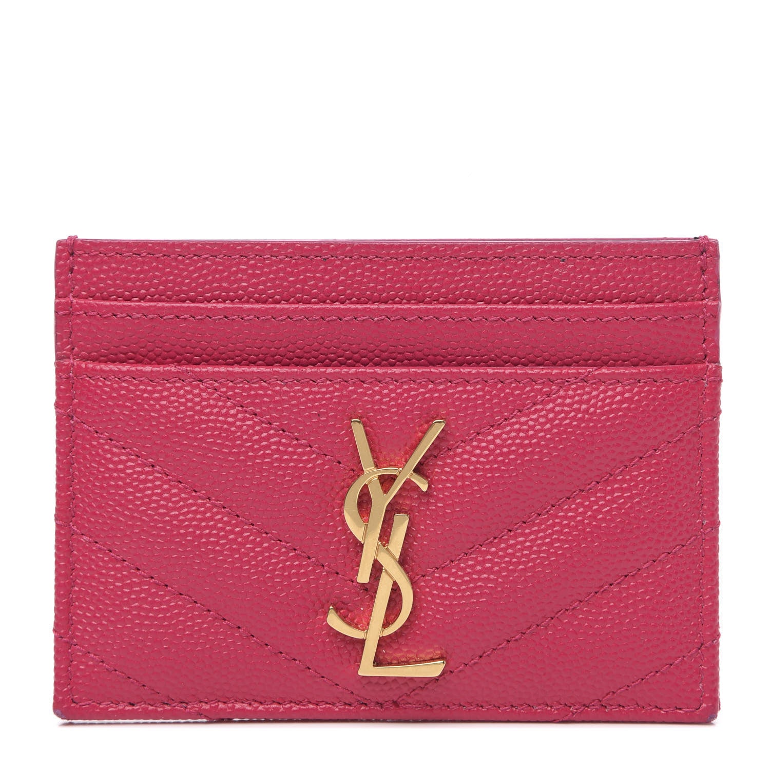 Saint Laurent Grain De Poudre Matelasse Chevron Monogram Credit Card Case Fresh Fuxia 1 of 10