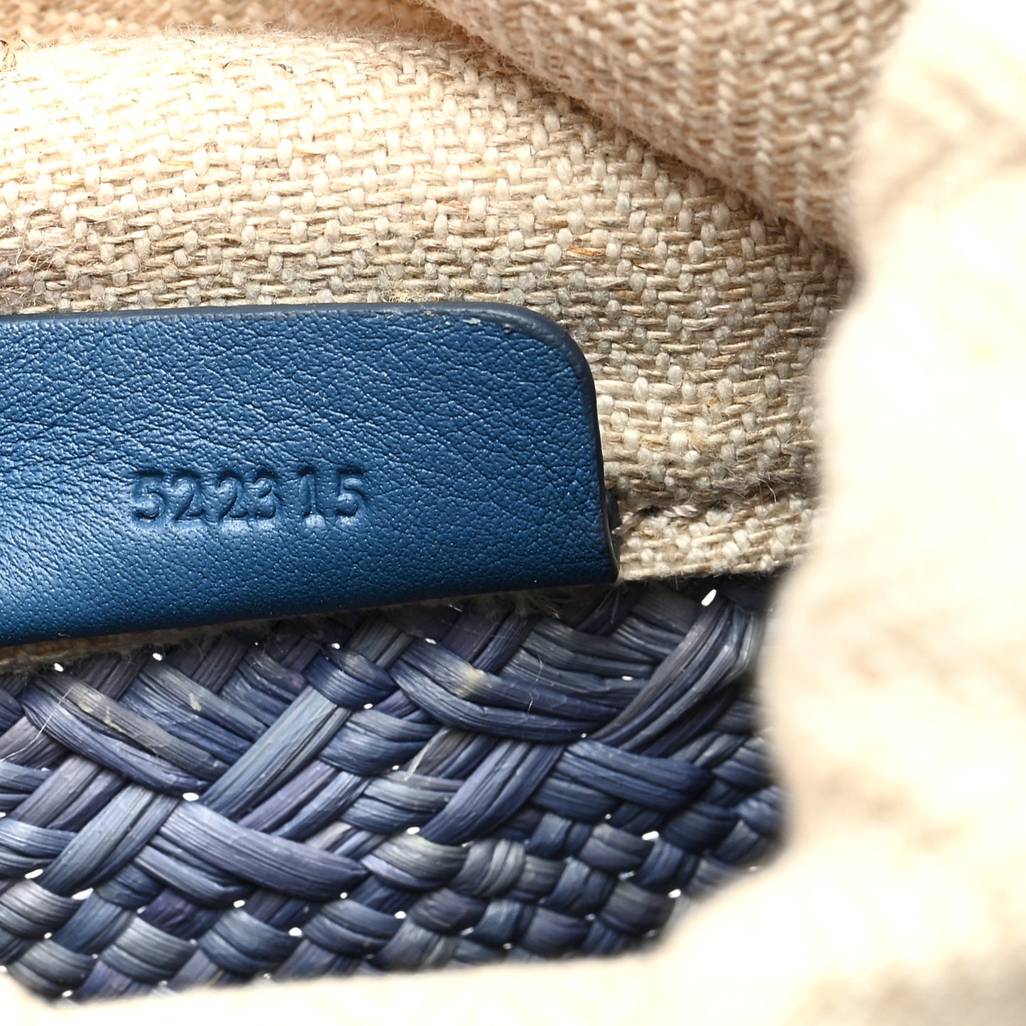 Iraca Palm Calfskin Anagram Square Pocket Bucket Bag Natural Denim Blue