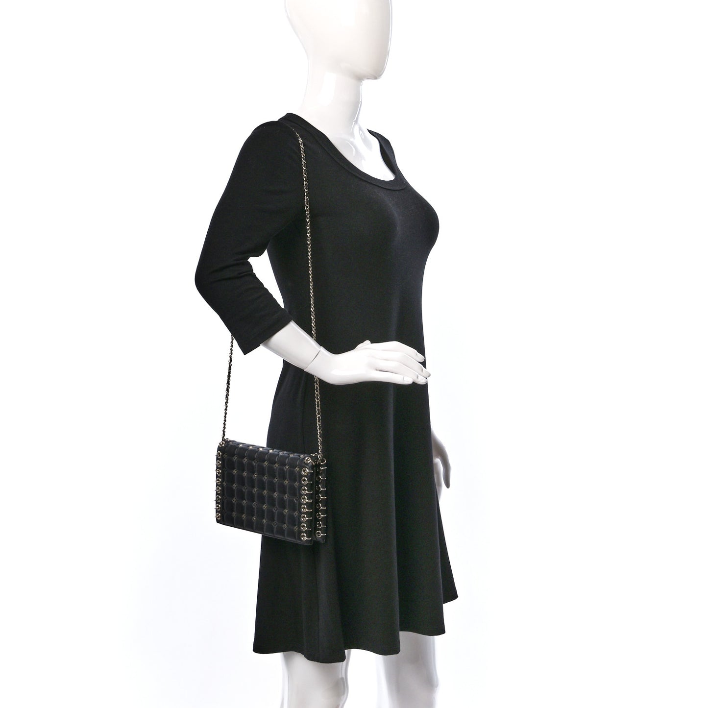 Lambskin Chocolate Bar Piercing CC Studded Small Chain Flap Bag Black