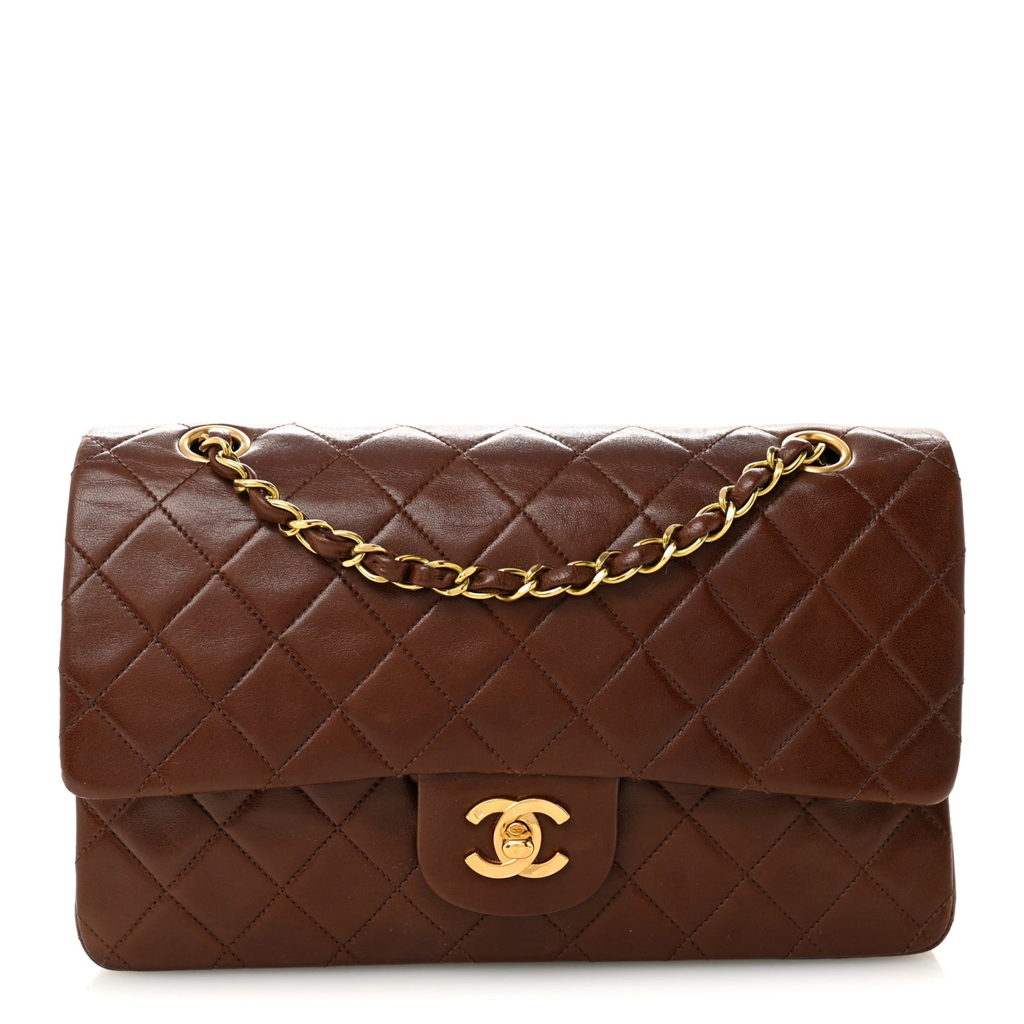 Lambskin Quilted Medium Double Flap Dark Brown