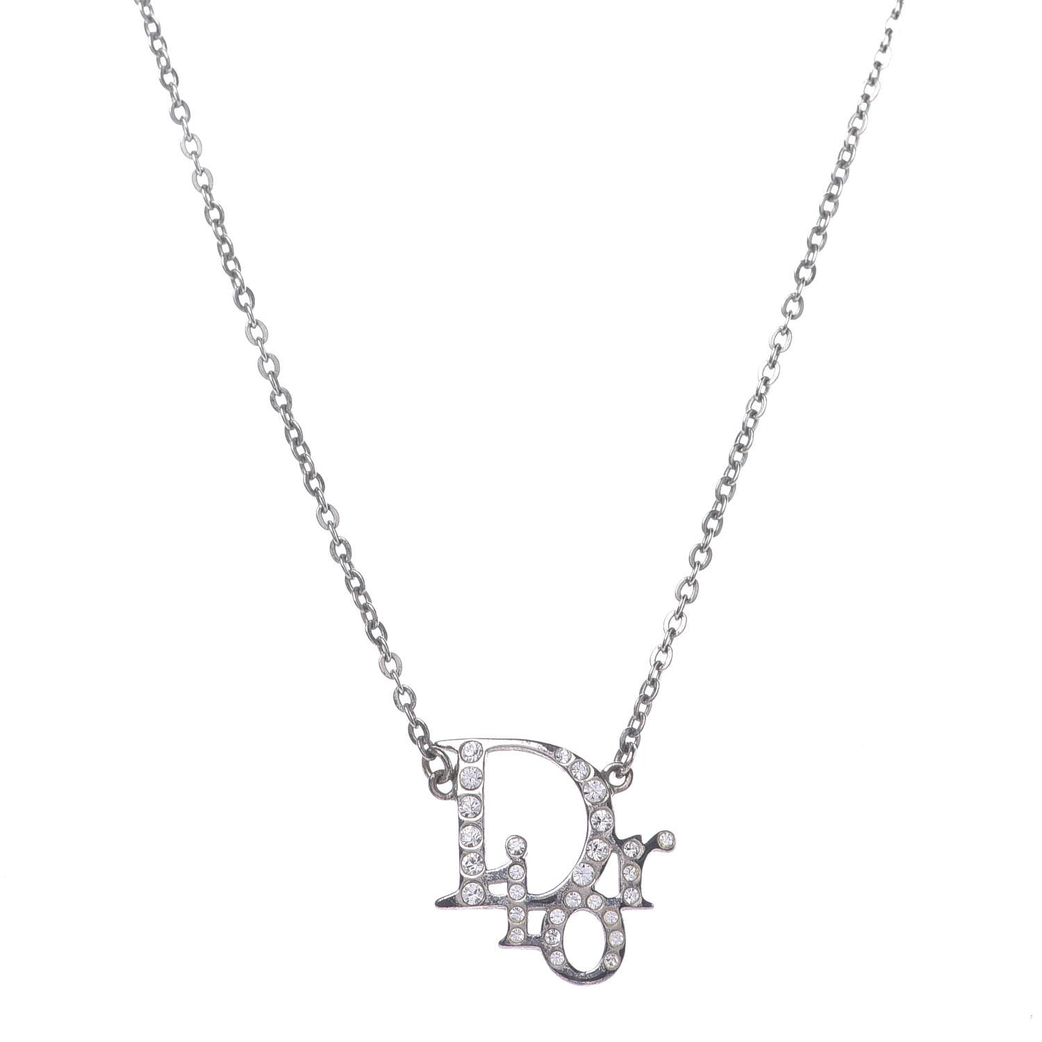 Christian Dior Crystal Logo Necklace Silver 1 of 6