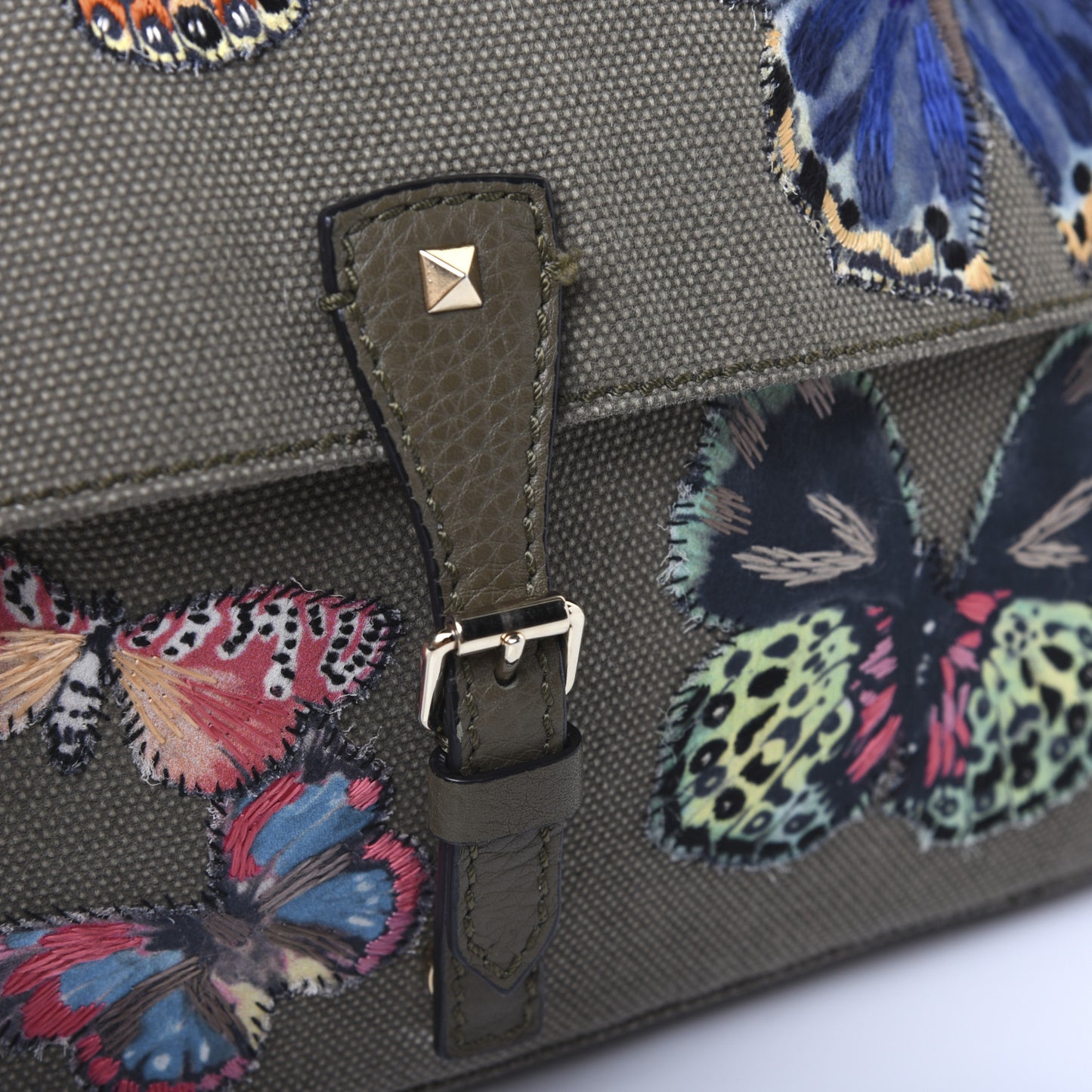 Canvas Butterfly Embroidered Rockstud Messenger Bag Military Green