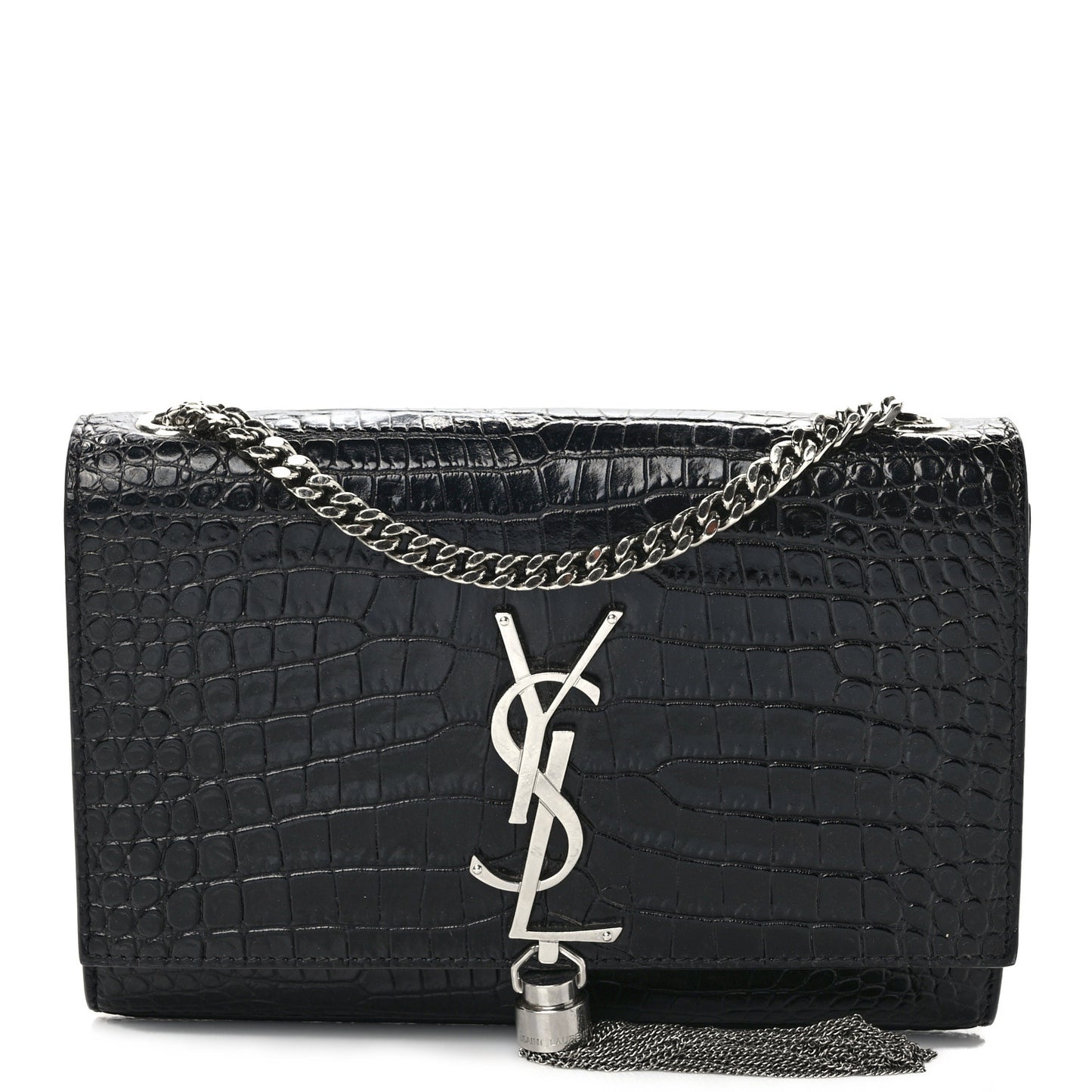 SAINT LAURENT Calfskin Crocodile Embossed Small Classic Monogram Kate Tassel Satchel Black
