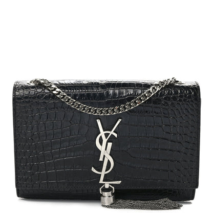 Saint Laurent SAINT LAURENT Calfskin Crocodile Embossed Small Classic Monogram Kate Tassel Satchel Black 1 of 12