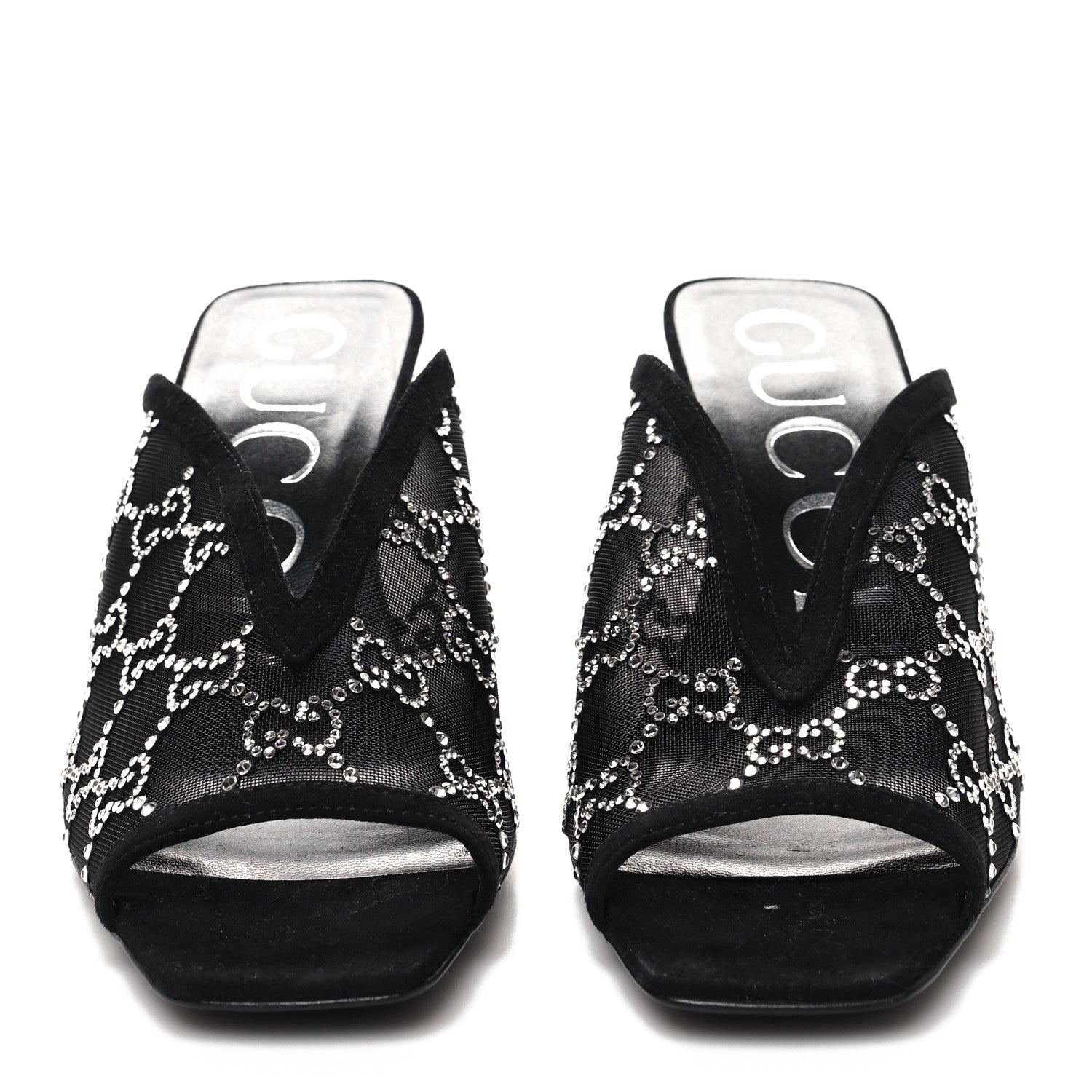 Gucci Tela Retino Kid Scamosciato Crystal GG Monogram Square G 95mm Slide Sandals 38 Black 2 of 8