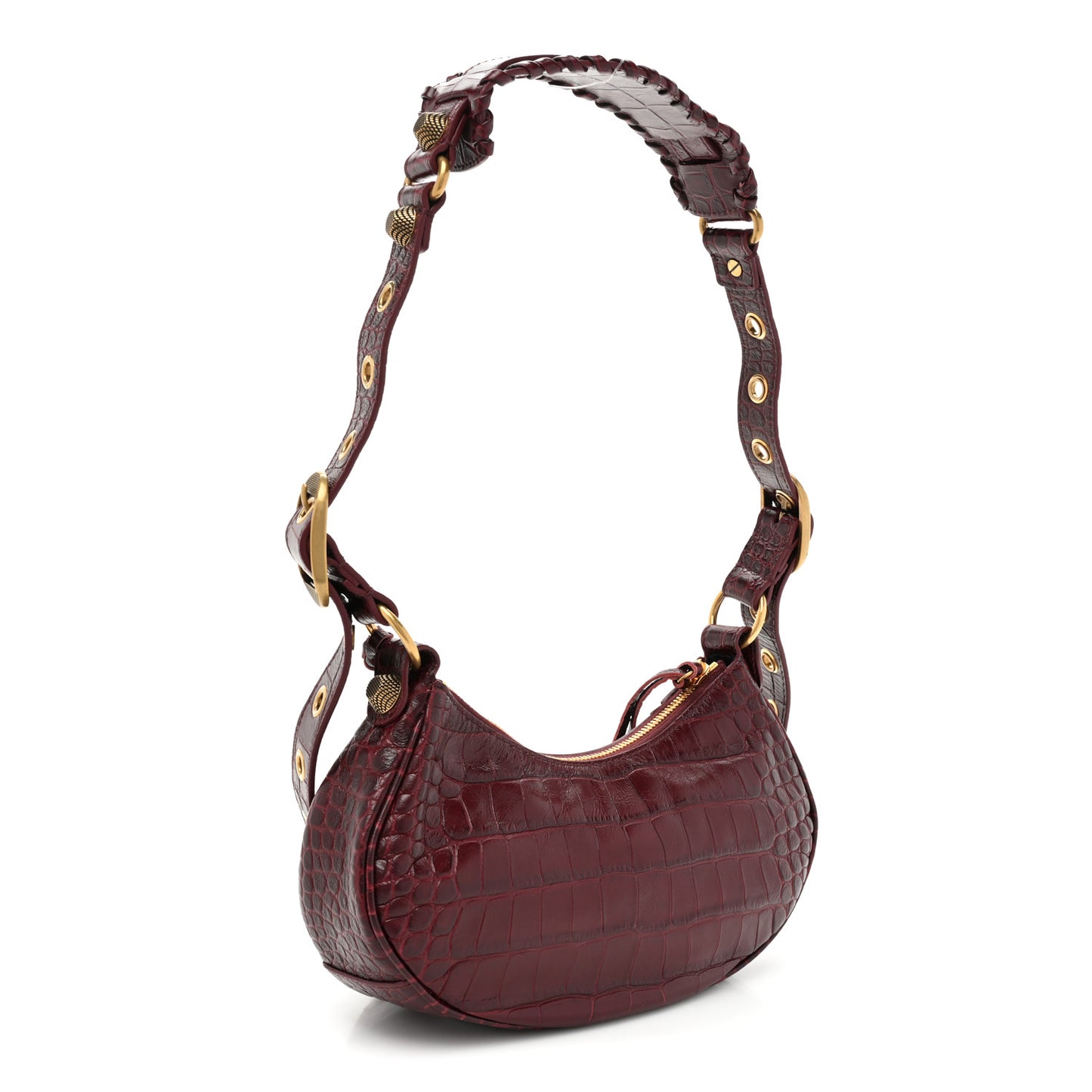 Extra Supple Calfskin Crocodile Embossed Le Cagole Shoulder Bag XS Dark Red