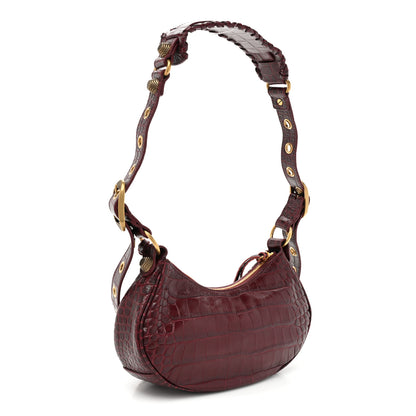 Balenciaga Extra Supple Calfskin Crocodile Embossed Le Cagole Shoulder Bag XS Dark Red 3 of 9