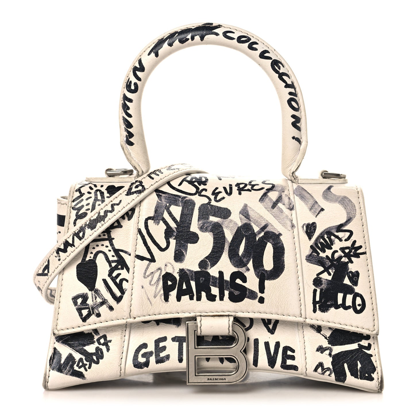 Smooth Calfskin Graffiti Hourglass Top Handle Bag XS White Black