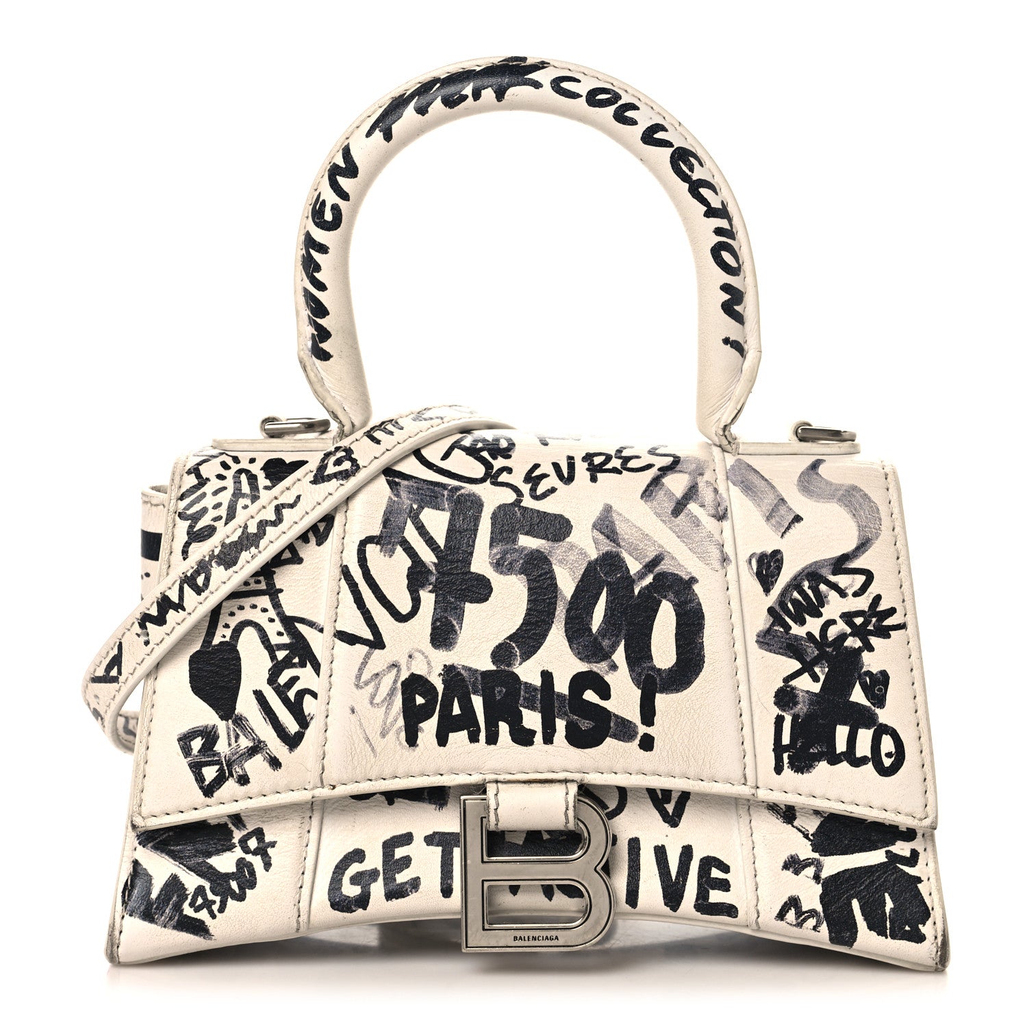 Balenciaga Smooth Calfskin Graffiti Hourglass Top Handle Bag XS White Black 1 of 15