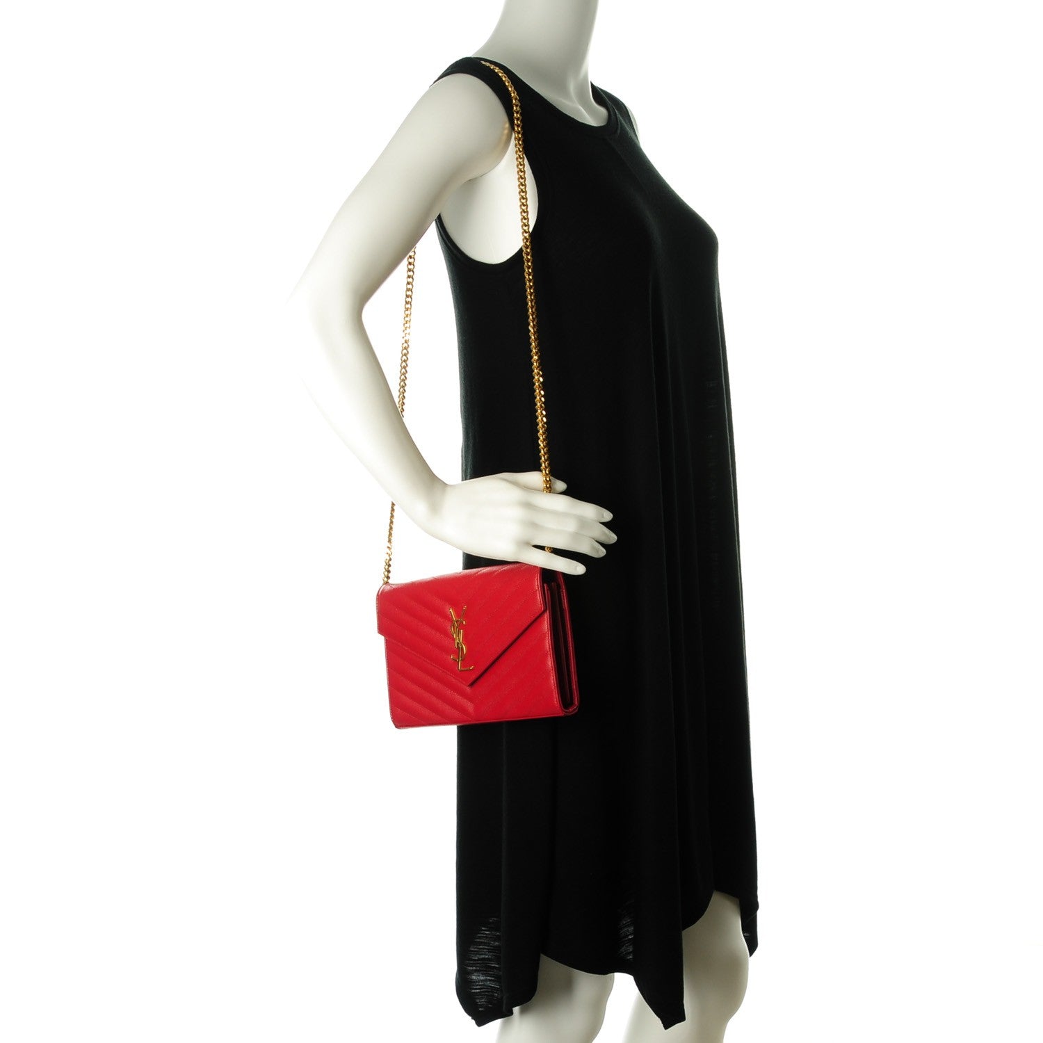 Saint Laurent Grain De Poudre Matelasse Chevron Monogram Chain Wallet Lipstick Red 2 of 7