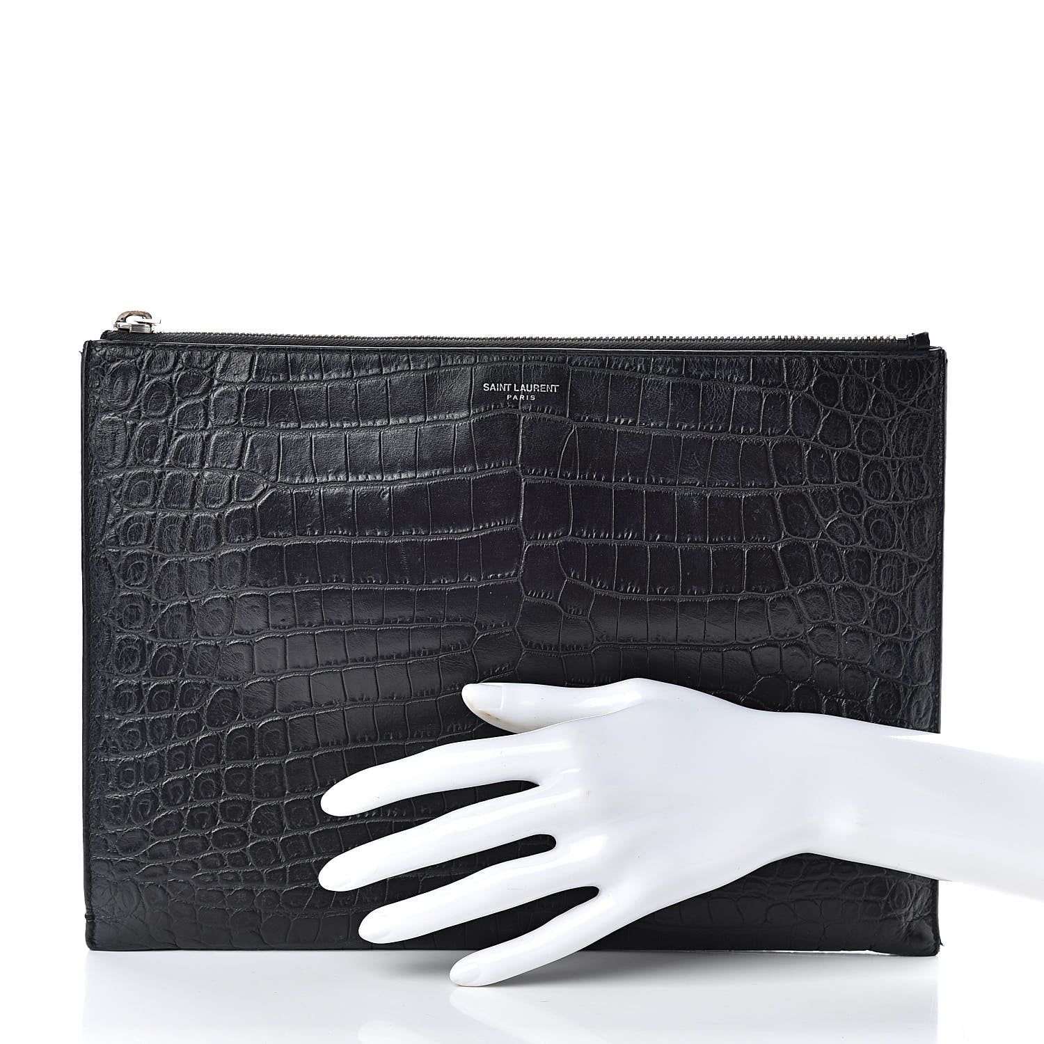 Saint Laurent Calfskin Crocodile Embossed Sac De Jour Carryall Pouch Black 2 of 12