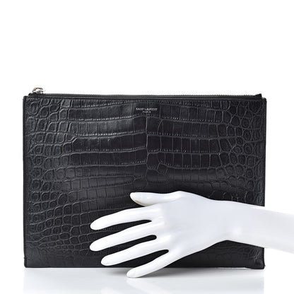 Saint Laurent Calfskin Crocodile Embossed Sac De Jour Carryall Pouch Black 2 of 12